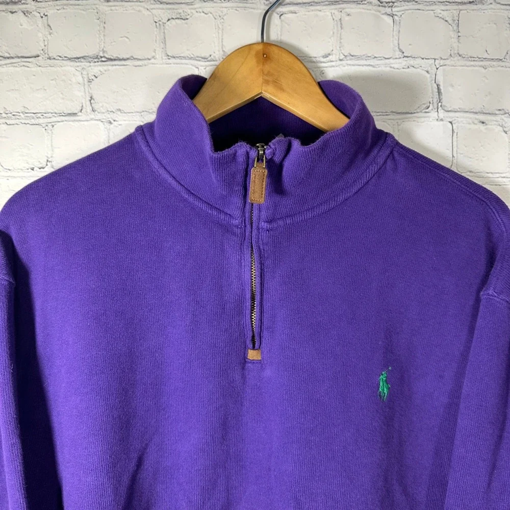 Polo Ralph Lauren Mens XXL Purple Quarter Zip Pullover Cotton Sweater Green Pony